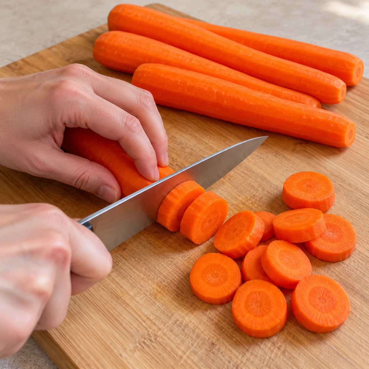 Planche à découper en bois, carottes épluchées entières et rondelles de carotte fraîchement coupées, une main adulte tenant la carotte en griffe et l'autre le couteau.