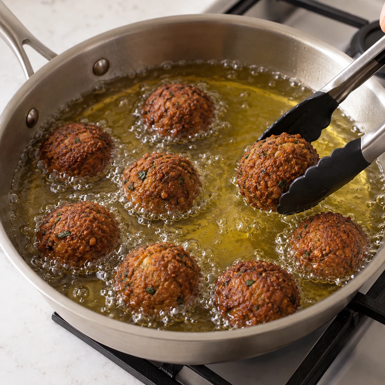 Poêle de friture, falafels bien dorés manipulés avec un ustensile, pas de main près de l’huile.