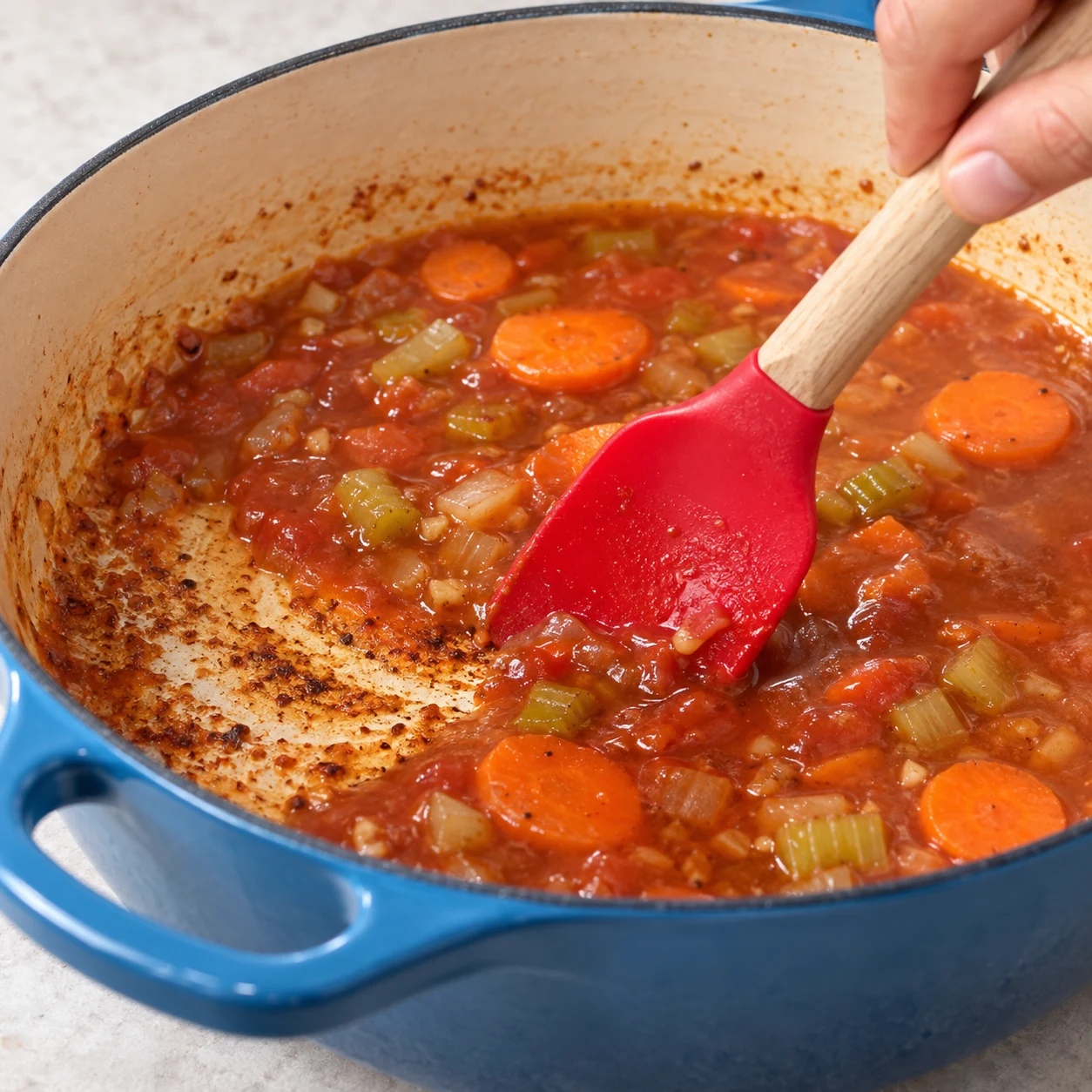 Spatule décollant les sucs de légumes dans le bouillon.
