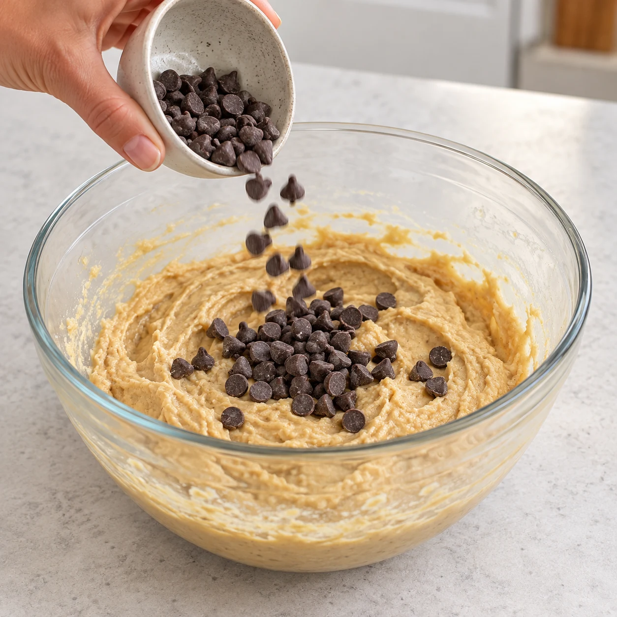Ajoute les 20 g de pépites de chocolat noir véganes à la pâte mixée.