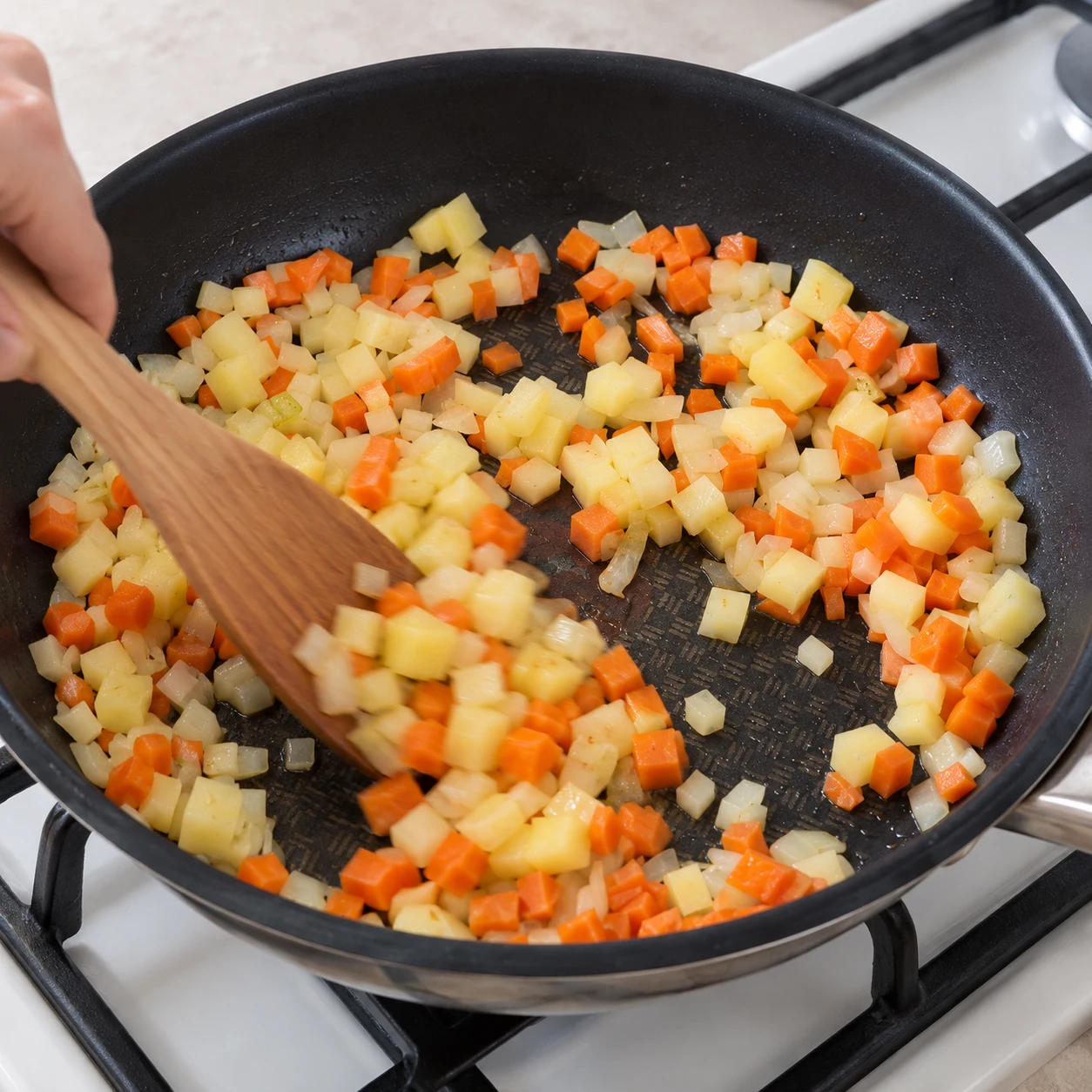 Cuire les légumes : Les légumes sont enrobés d’huile et restent en petits cubes.
