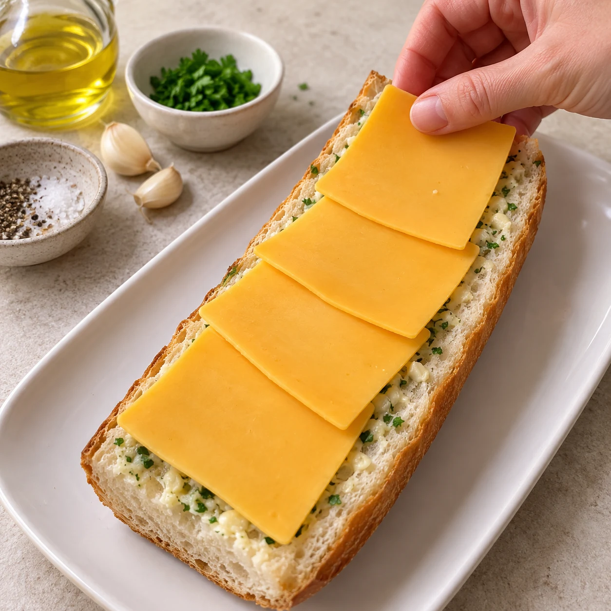 Mains adultes anonymes déposant des tranches végétales saveur cheddar, jaune orangé, sur une demi-baguette ouverte tartinée de margarine, persil et ail confit. La garniture finale est constituée de tranches végétales.