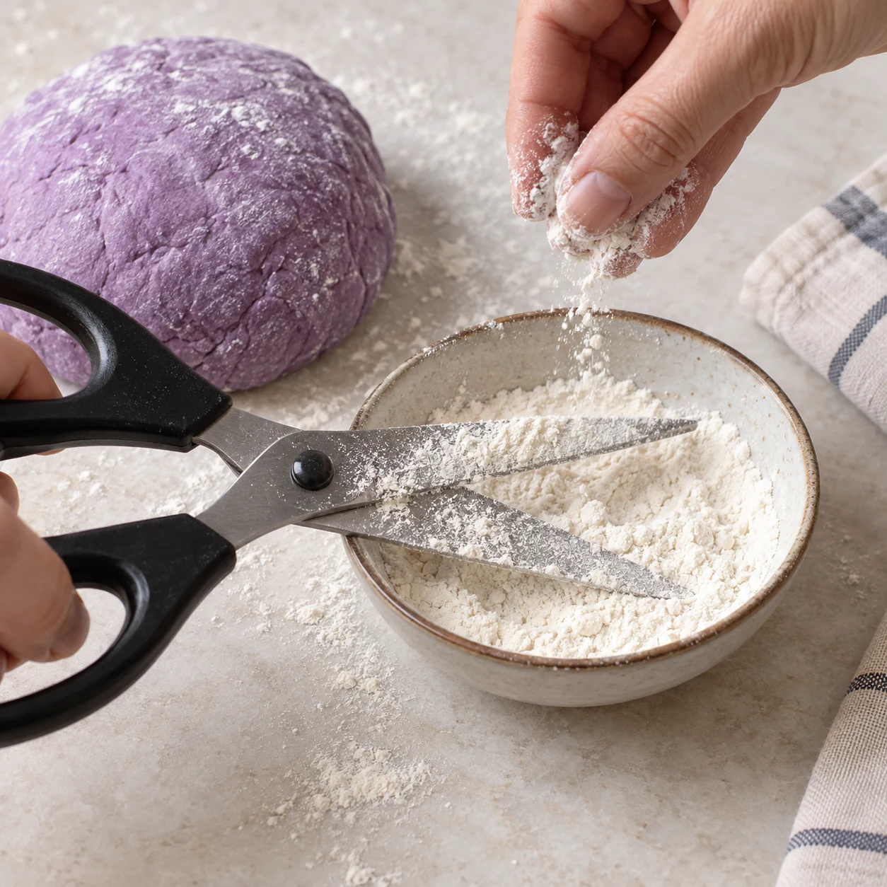 Ciseaux de cuisine ouverts au-dessus d’un petit bol de farine.