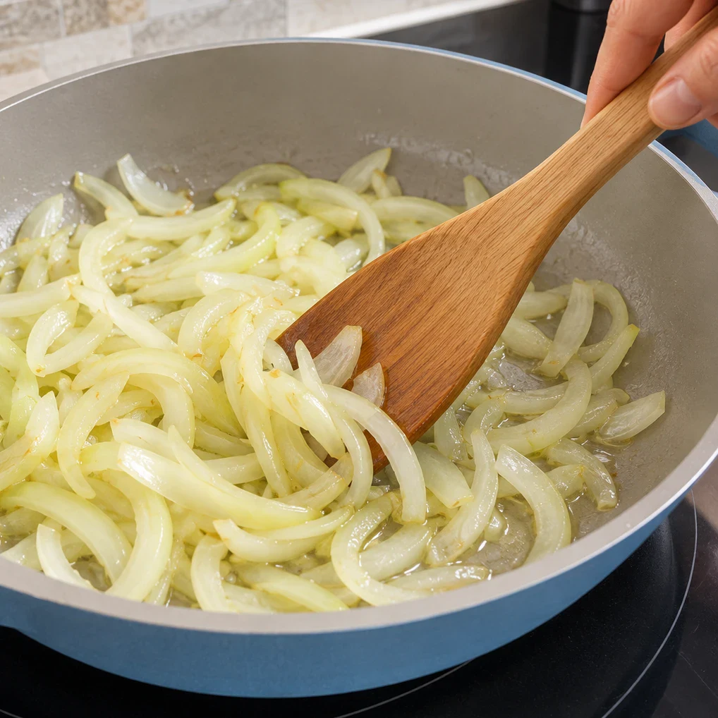 Oignons pâles en début de cuisson dans une poêle, remués avec une spatule.