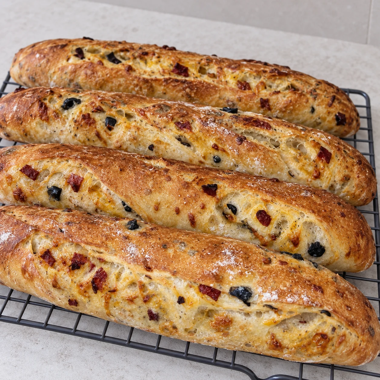 Laisser refroidir sur une grille. La croûte est dorée et la mie garnie reste moelleuse à la coupe. Respecter la capture source ; chorizo et cheddar uniquement végétaux, aucune autre garniture.