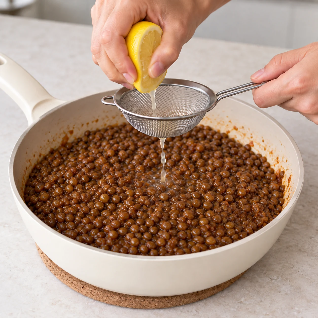 Main anonyme pressant un demi-citron au-dessus des lentilles.
