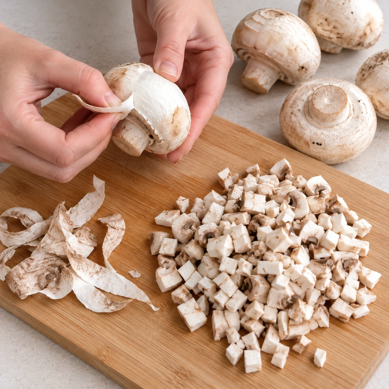 Nettoyez les 4 à 5 gros champignons de Paris et épluchez-les comme dans la recette d’origine. Coupez-les en petits morceaux sur une planche stable, les doigts repliés.