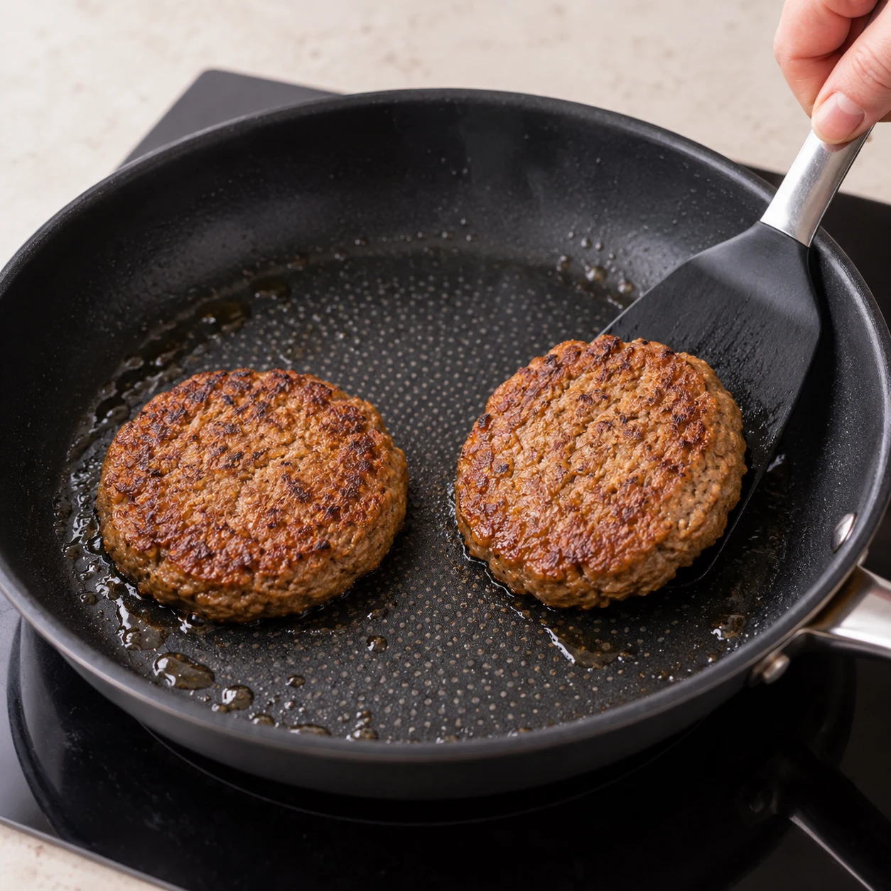 Deux steaks végétaux ronds dorés dans une poêle noire.