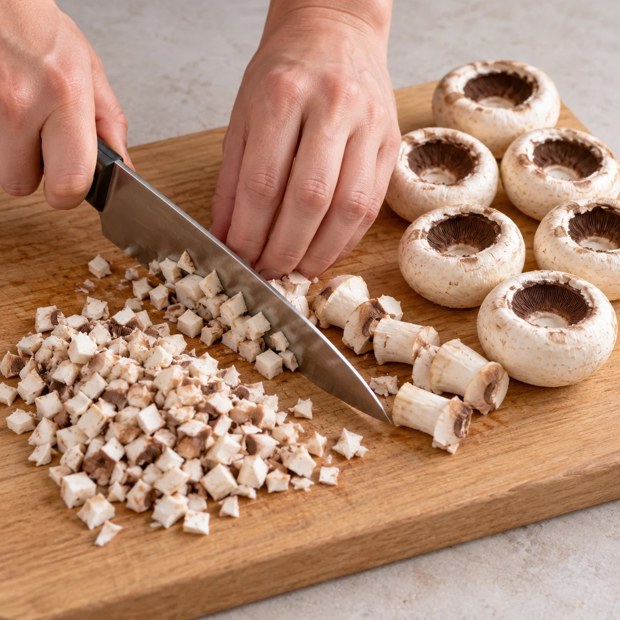 Couteau et prise en griffe hachant les pieds et deux champignons ; six chapeaux réservés.