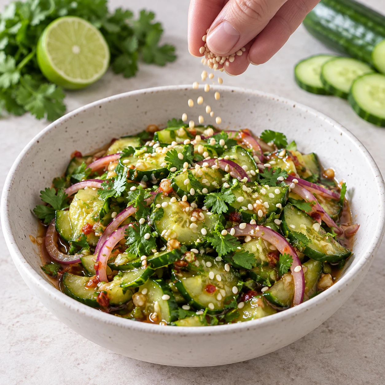 Salade de concombre et oignon assaisonnée, graines de sésame et coriandre visibles.