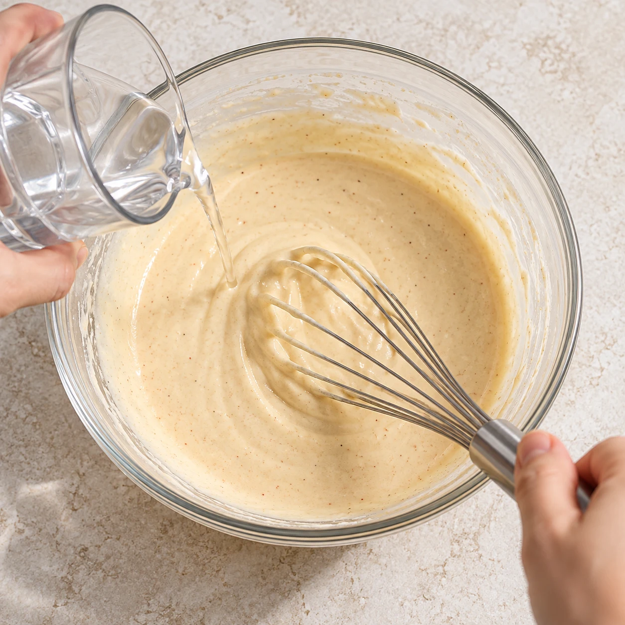 Fouet dans une pâte à panure lisse crème pâle sans œufs, bol neutre.