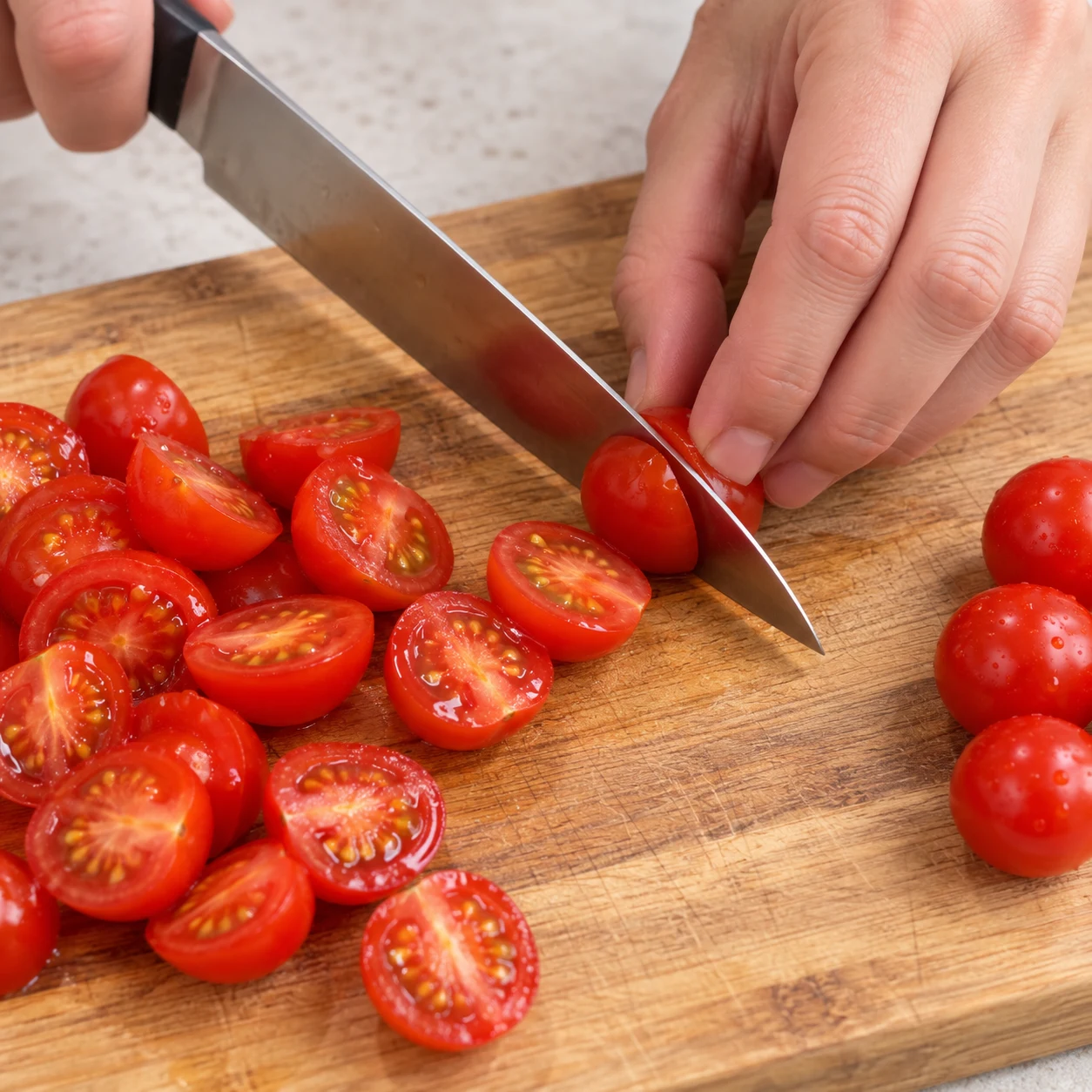 Les tomates cerises sont coupées en deux.