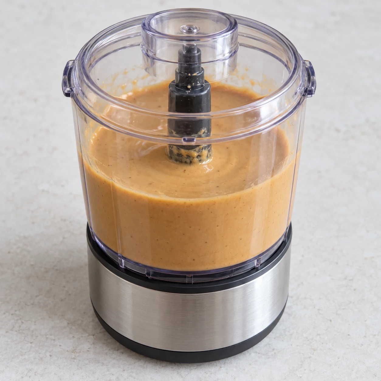 Photographie carrée de cette seule action ou son résultat : Mixer la sauce cacahuète. La sauce est lisse et homogène, sans amas de beurre de cacahuète. Seulement les ingrédients visibles de cette étape. La référence source contient du poulet : remplacer uniquement la protéine par les lamelles végétales de steaks pois et fèveroles. Aucun produit animal, texte ni personne identifiable.