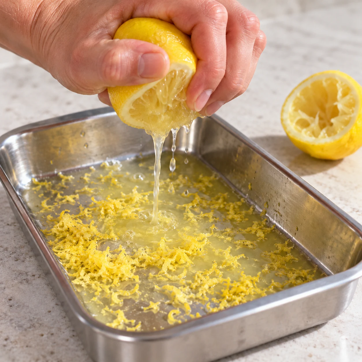 Citron pressé au-dessus d’un plat contenant le zeste.