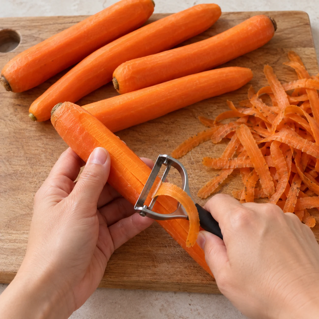 Éplucher les carottes : La peau est retirée et la chair orange est découverte.