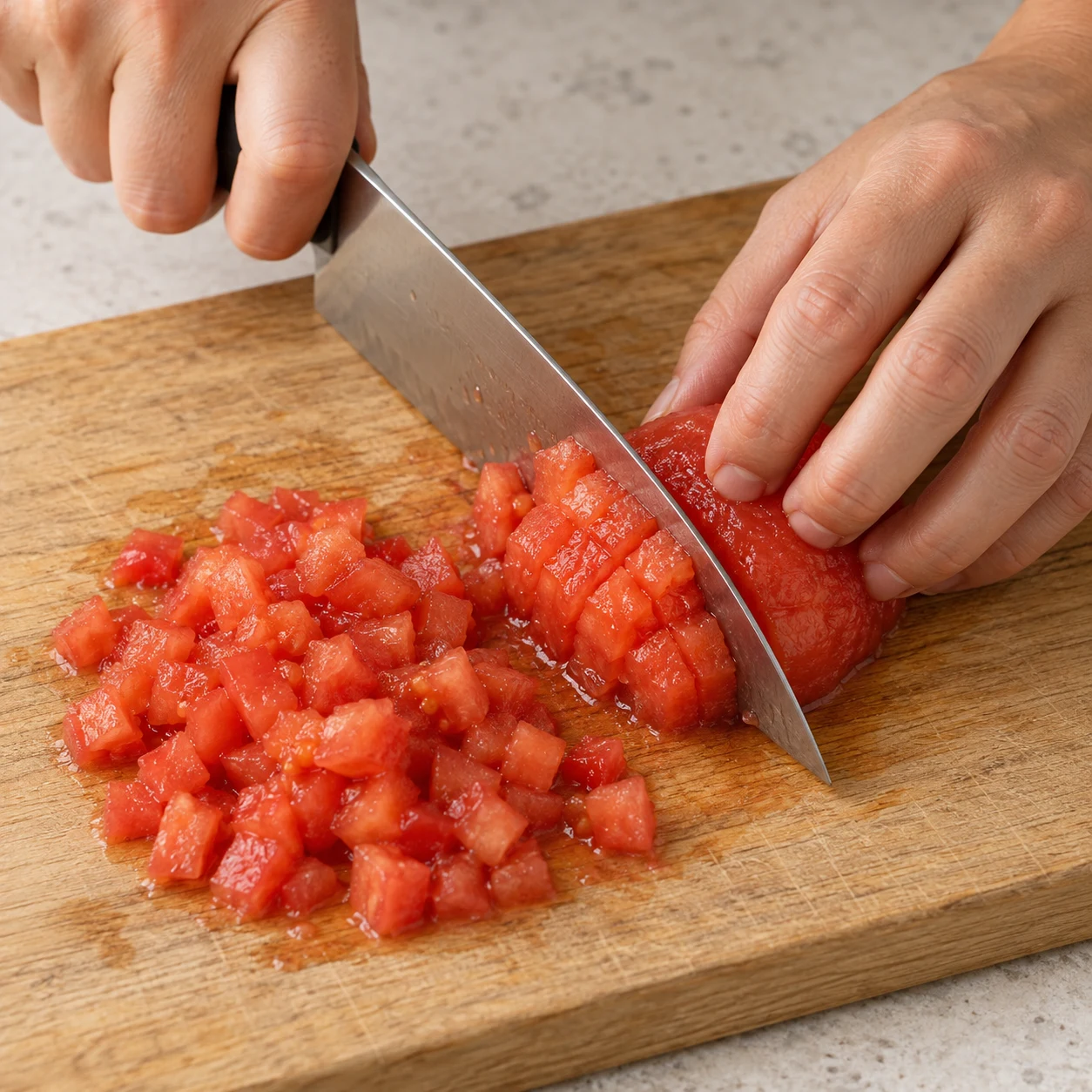 Couper les tomates. Les tomates sont coupées en petits dés.