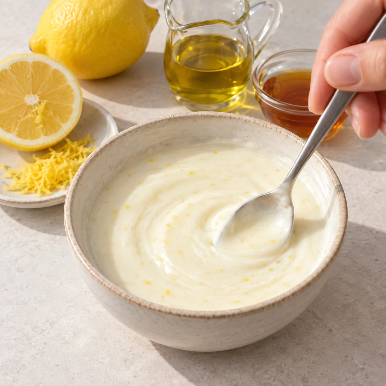 Mélanger dans un petit bol neutre une sauce blanche lisse mais plus fluide à base de yaourt de soja nature, jus et zeste de citron, sirop érable et filet huile olive. Aucun tartinable ni ricotta.