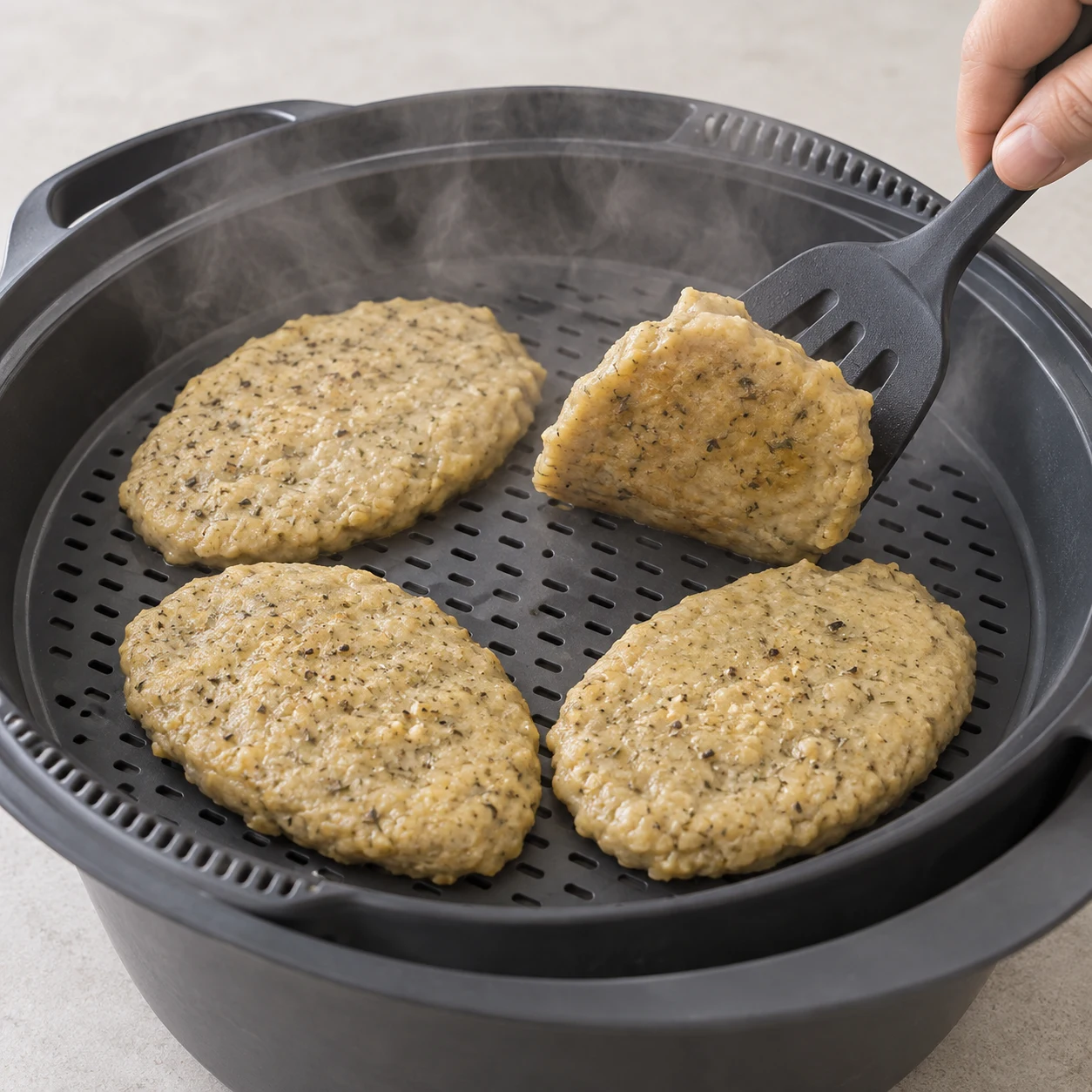 Retourner à mi-cuisson : Chaque escalope a été retournée et la cuisson vapeur atteint 25 minutes au total.