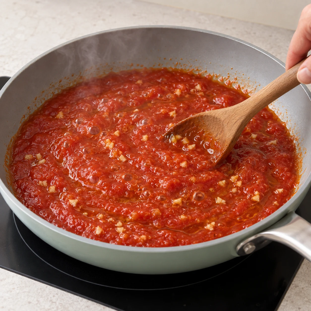 Verse la purée de tomate et l’ail émincé dans une poêle avec les 2 càs d’huile d’olive. Fais mijoter à feu doux quelques minutes en remuant. Représenter uniquement les ingrédients de cette étape, leur état et le geste indiqué, sans texte ni personne identifiable.