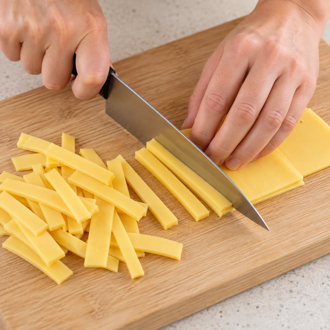 Mains anonymes découpant des tranches jaunes de fromage végétal à base de noix de coco en petites lanières sur une planche neutre ; aucun autre ingrédient.
