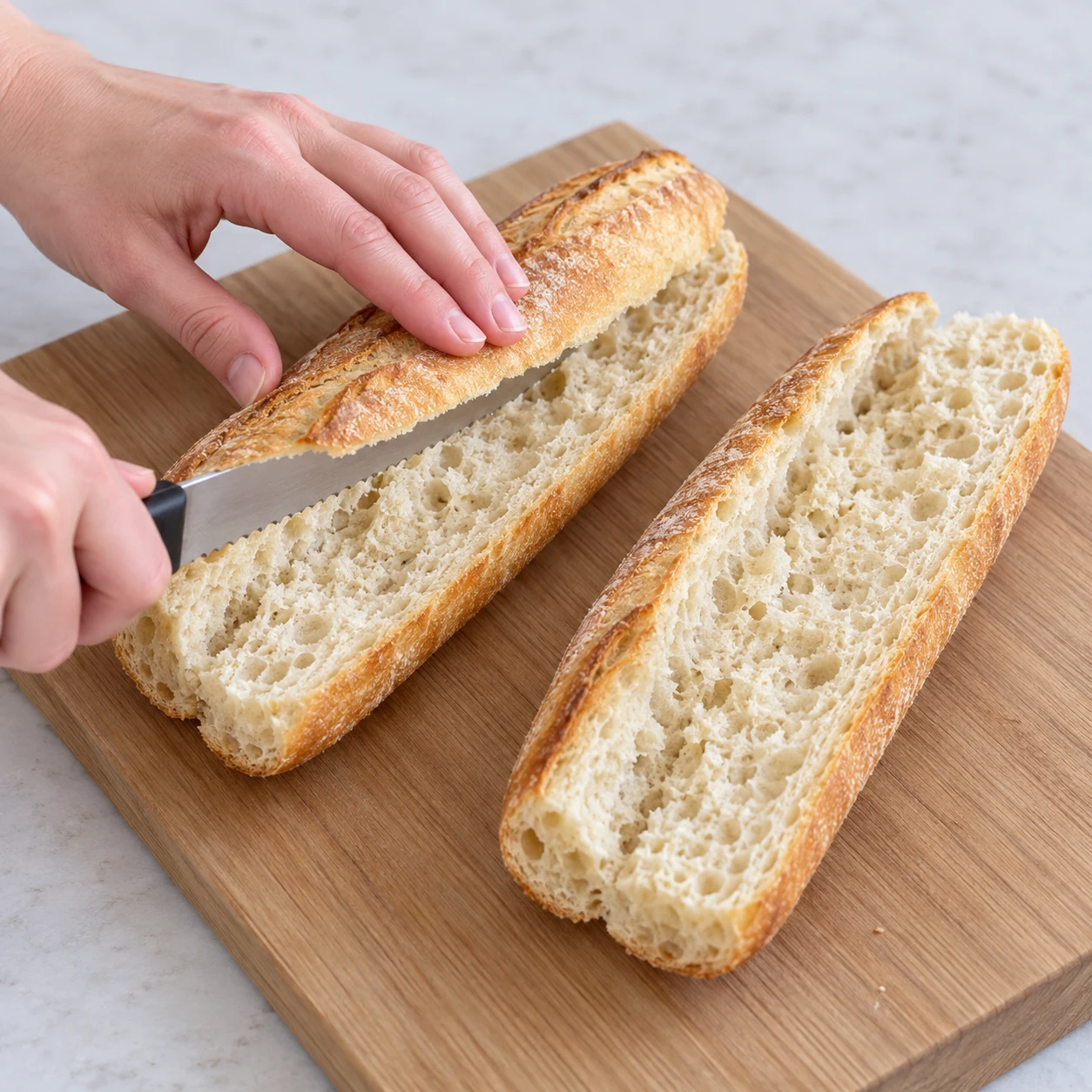 Une seule photographie carrée montrant : ouvrir la baguette. Deux morceaux de baguette sont ouverts et prêts à recevoir la garniture. Seulement les ingrédients de cette étape, aucun ingrédient futur.
