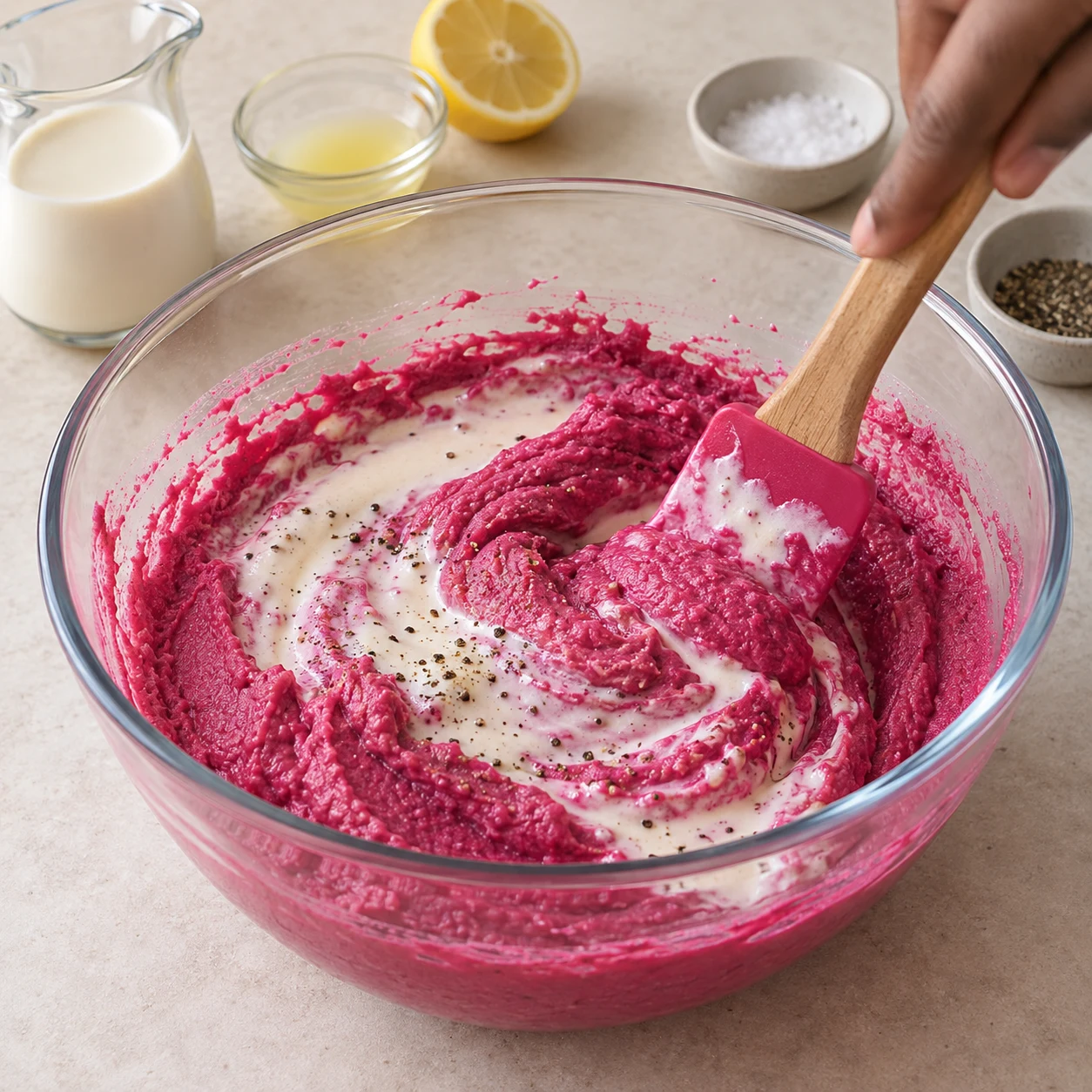 Spatule incorporant la crème de soja à la purée rose ; mélange épais et crémeux, sans chantilly.