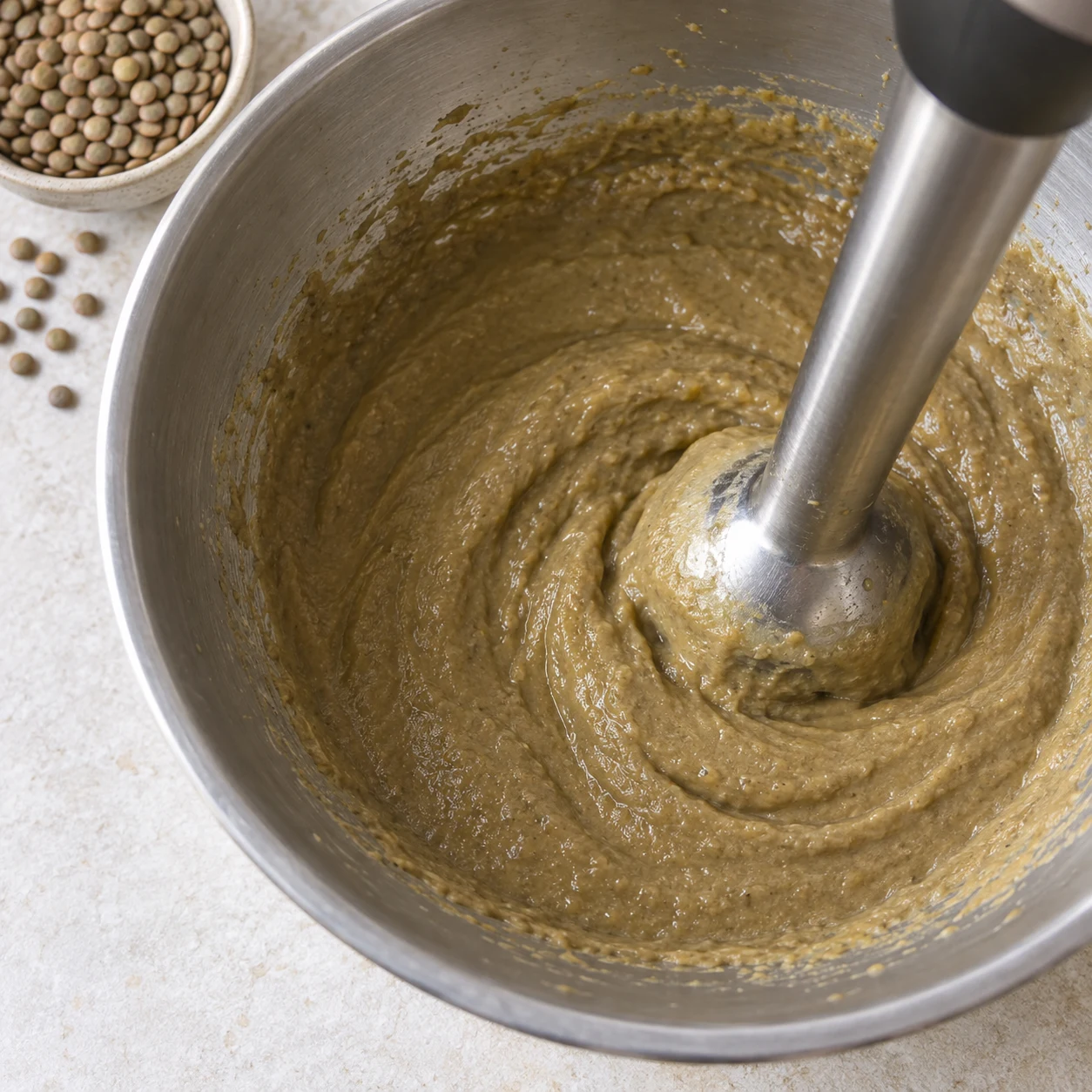 Mixeur plongeant dans une purée de lentilles lisse.