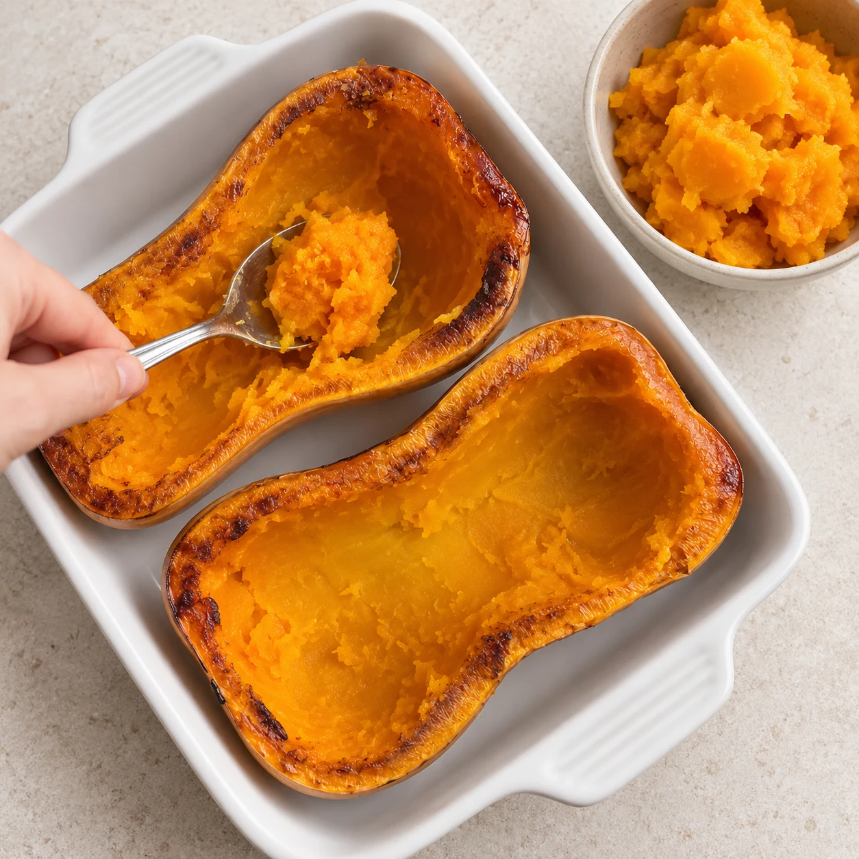 Cuillère prélevant la chair orange d’une butternut rôtie; coques intactes dans un plat blanc.