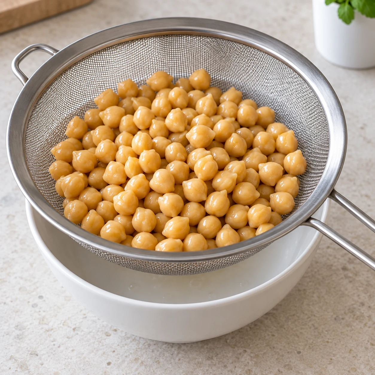 Pois chiches cuits nature égouttés dans une passoire au-dessus d’un récipient ; aucun tofu ni poulet.