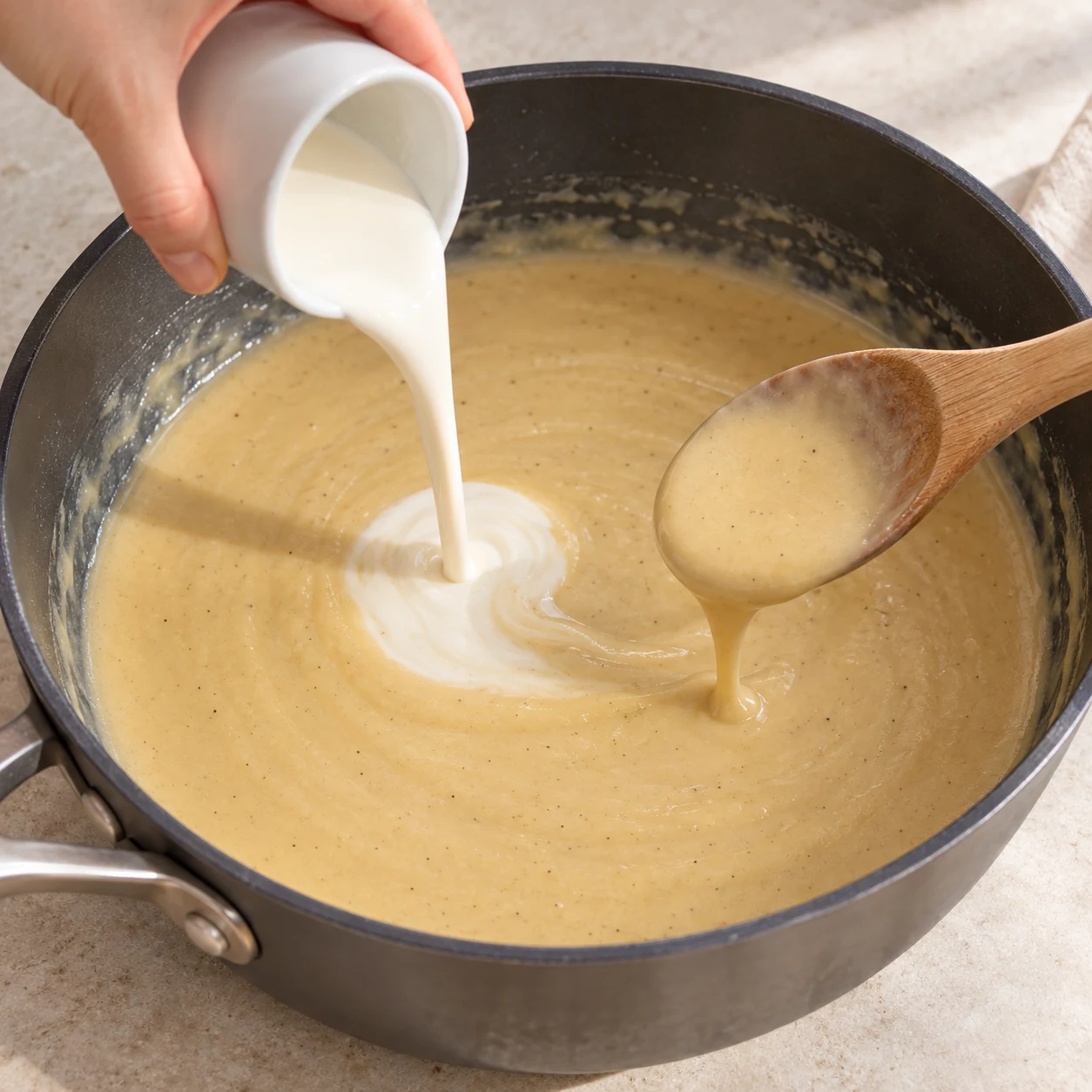 Ajouter la crème végétale. La sauce est lisse et adhère à la cuillère. Une seule photographie carrée, geste et état conformes à la capture ; aucun ingrédient absent de cette étape.