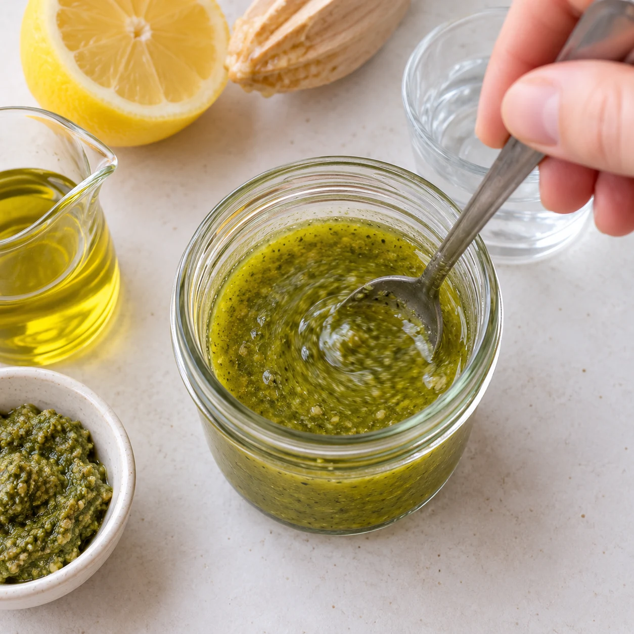 Petit bocal de sauce verte huileuse au miso et pignons en cours de mélange à la cuillère. Aucun ingrédient de salade dans le bocal. Les pâtes éventuelles de cette adaptation sont des coquillettes courtes jaunes courbées et creuses, pas des radiateurs.