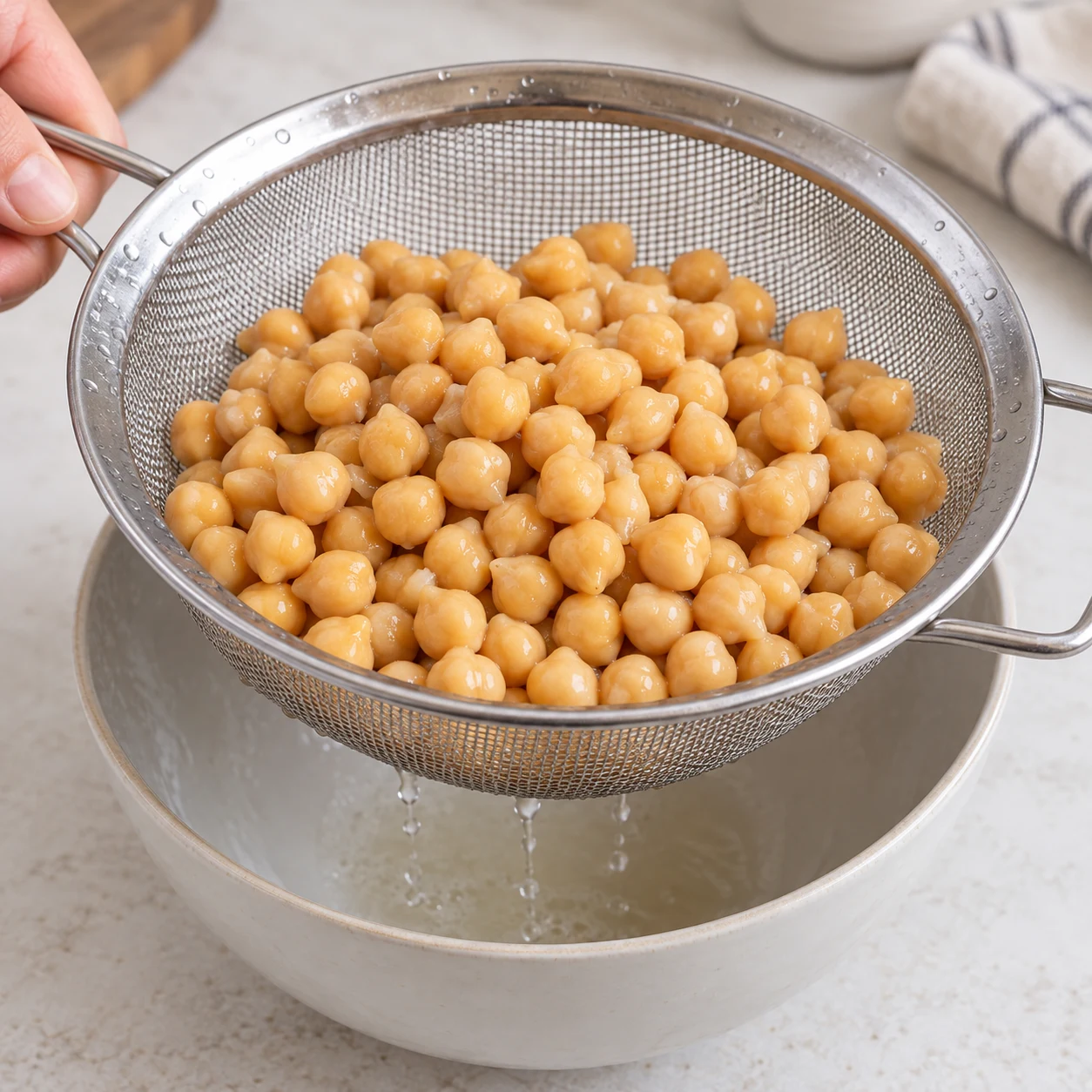 Pois chiches cuits en passoire inox, laissés à égoutter ; aucune sauce ni brocoli.