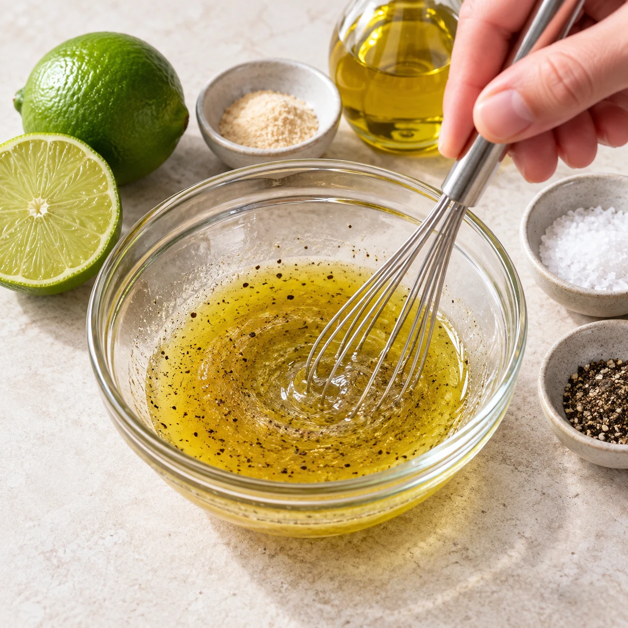 Mélangez le jus de citron vert frais, l’ail en poudre, l’huile d’olive, le sel et le poivre. La recette d’origine ne chiffre aucun de ces assaisonnements.