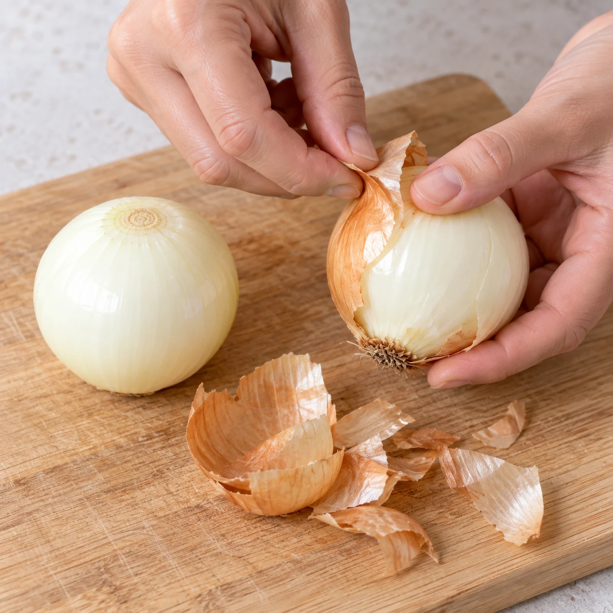 Deux oignons frais pelés sur une planche, mains adultes anonymes retirant la peau sèche du second oignon ; aucune cuisson.