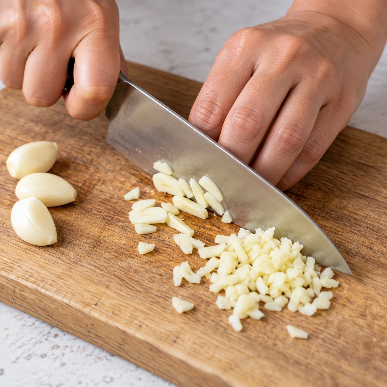 Photographie culinaire carrée de cette seule action : Émincer l’ail. Petits éclats d’ail, sans peau. Aucun poulet ni produit animal.