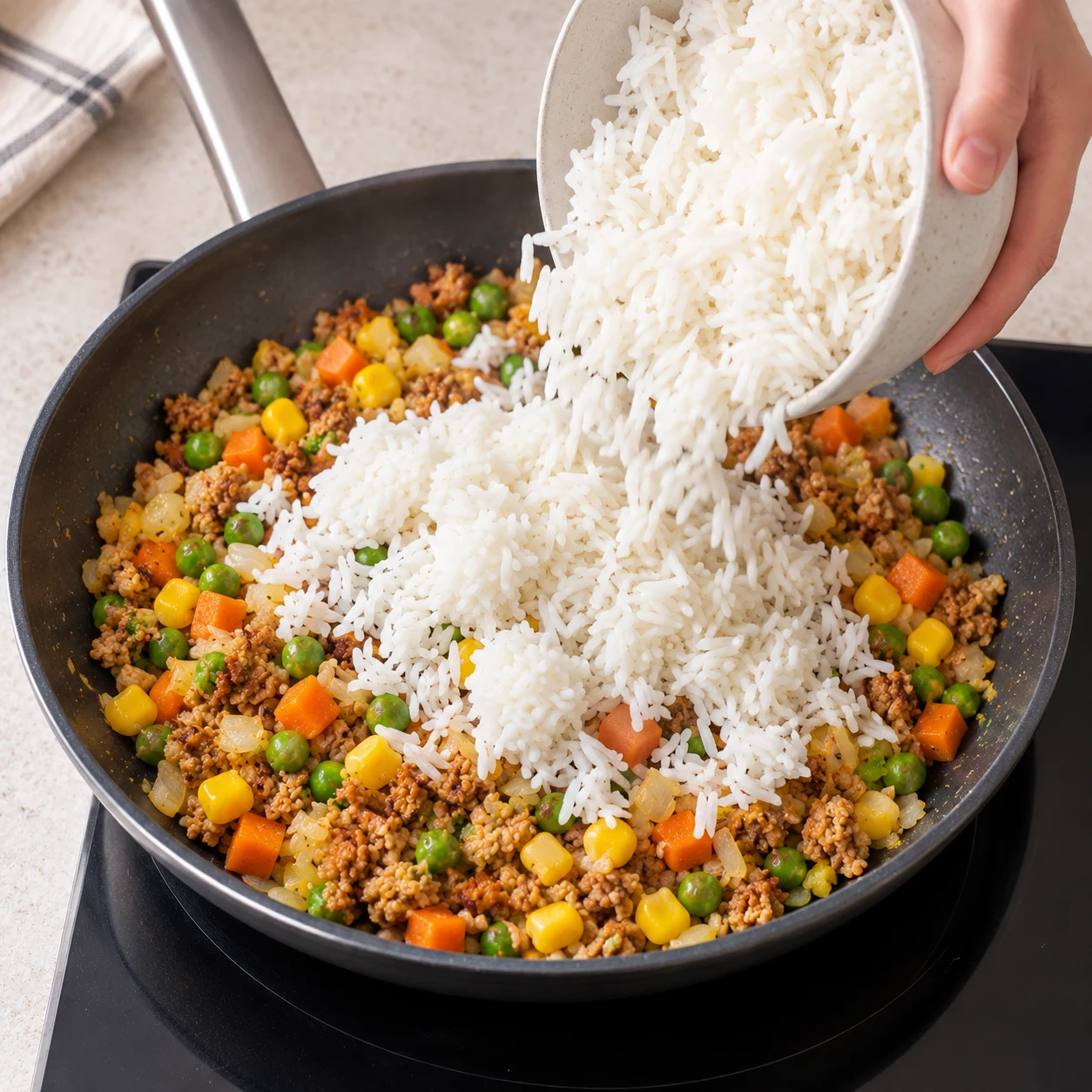 Riz blanc cuit ajouté depuis un bol neutre sur émietté végétal et légumes, sans sauce encore.