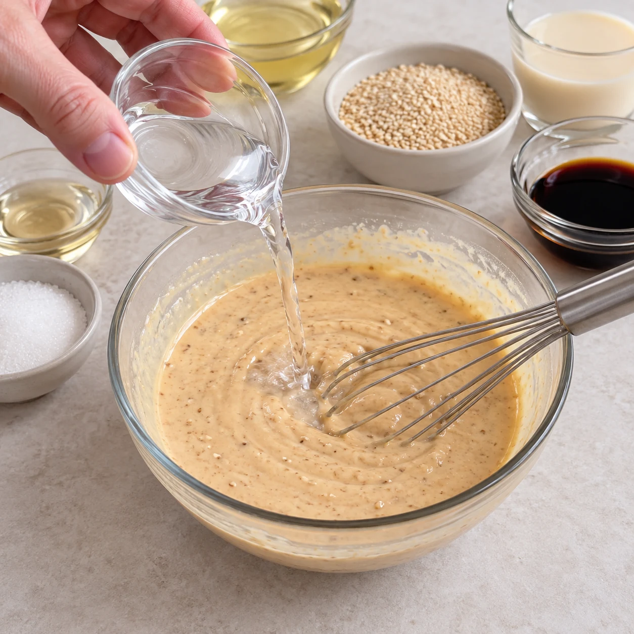 Petite quantité d’eau versée dans la sauce végétale au sésame.
