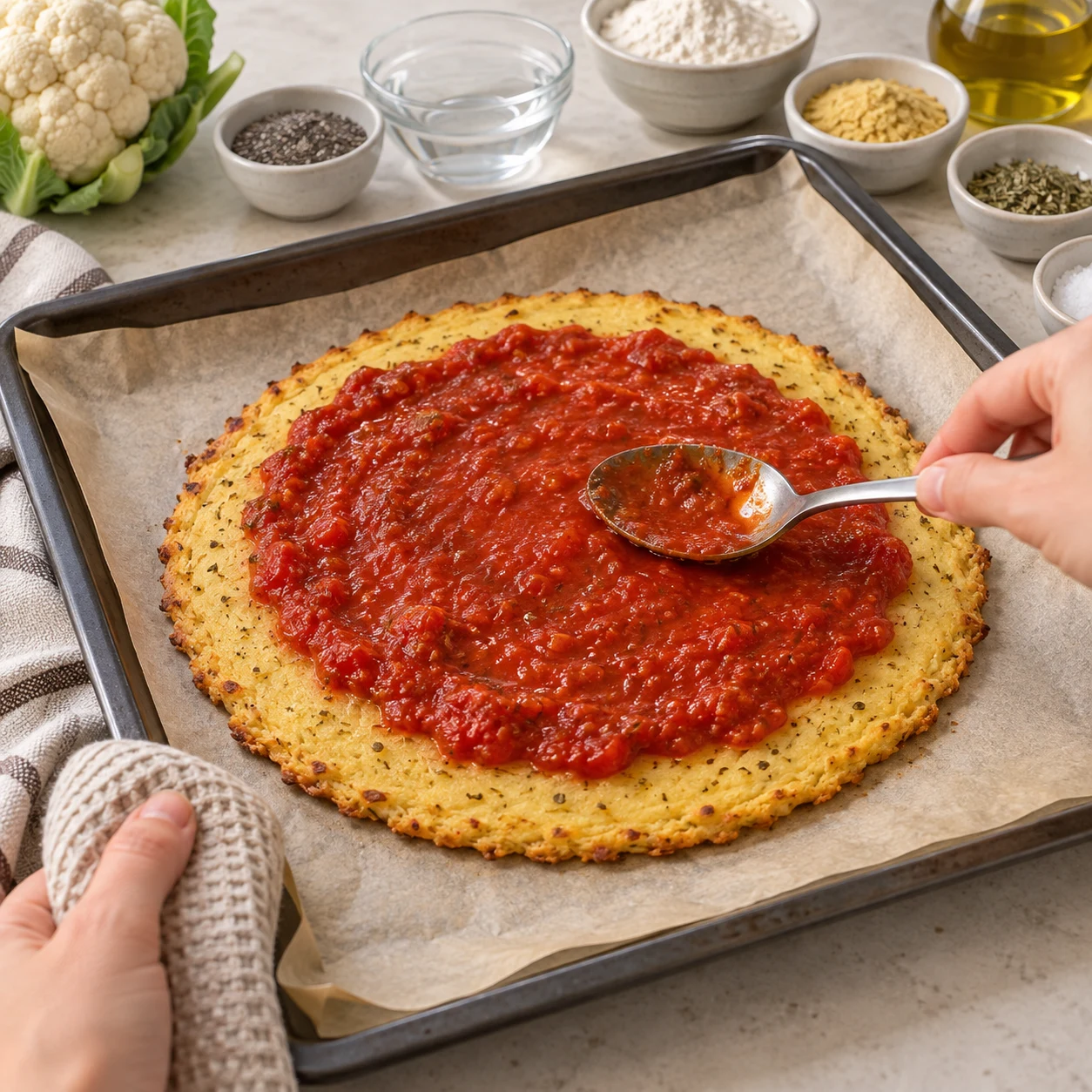 Cuillère étalant la sauce tomate rouge sur la base dorée ; aucun fromage ni olive à cette phase.