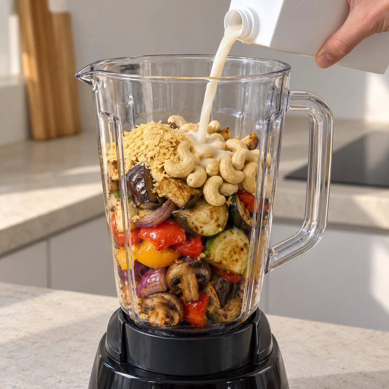 Bol de blender rempli de légumes rôtis colorés et de noix de cajou, lait d’avoine versé depuis une brique blanche sans logo, mains adultes anonymes.
