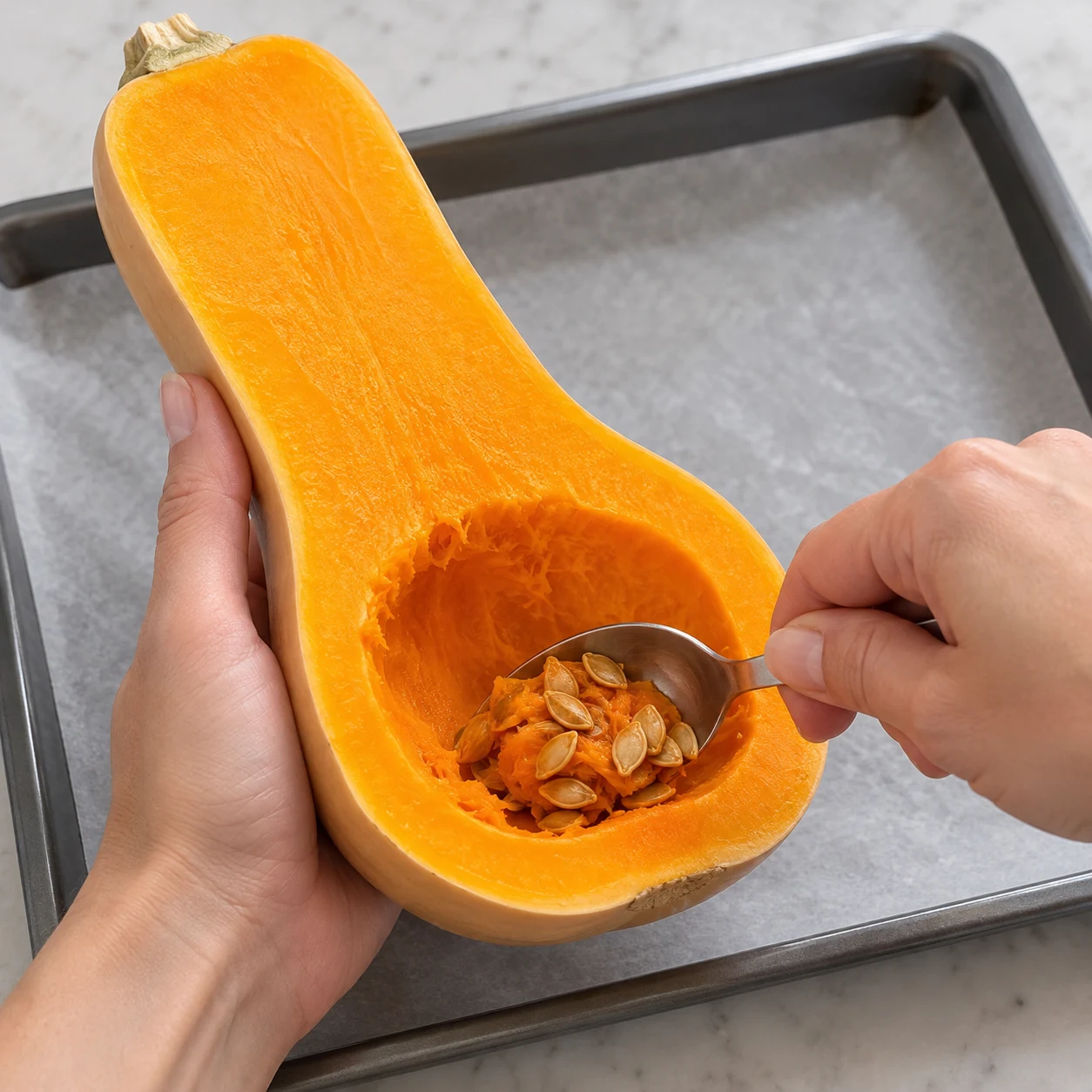 Cuillère retirant les graines d’une demi-butternut crue, peau conservée.