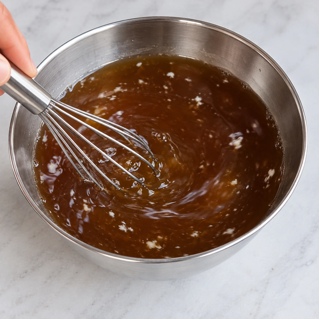 Bol métallique avec mélange brun liquide de sauce soja, eau, bouillon et fécule blanche en train d’être délayée à la cuillère.