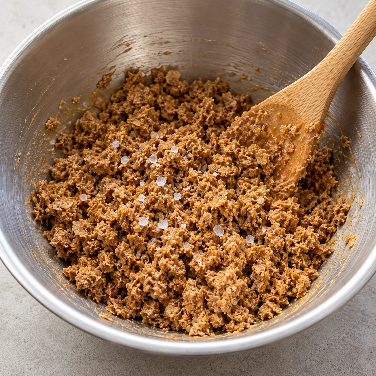 Purée de cacahuète brune versée en filet sur des brisures de biscuits de blé dans un saladier en inox, quelques grains de sel au-dessus.