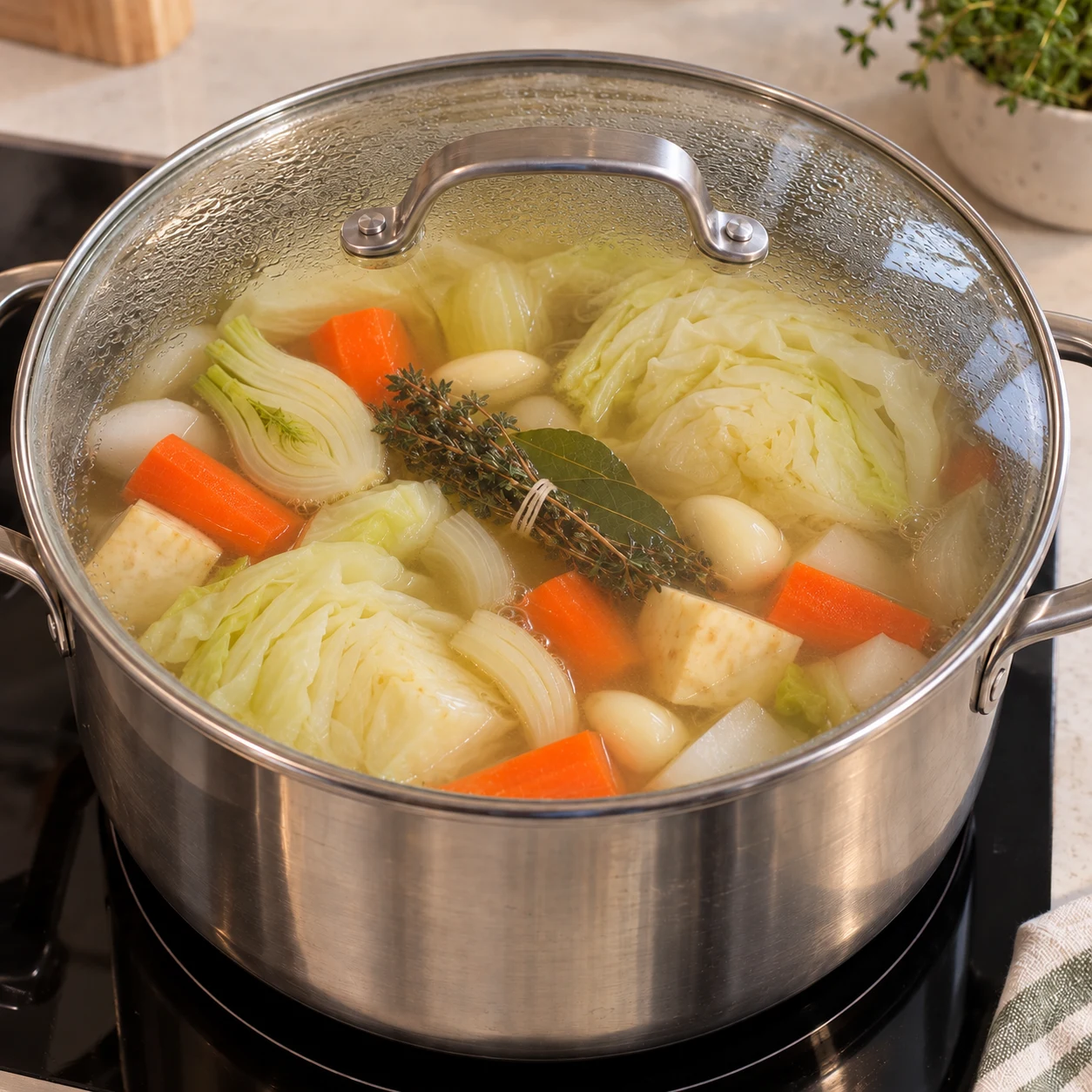Photo culinaire carrée de l’action : Mijoter à couvert. Le liquide frémit doucement sous le couvercle, sans bouillir à gros bouillons. Seulement Chou blanc, Carotte, Navet frais, Céleri-rave frais, Fenouil frais, Oignon frais, Ail frais, Bouquet garni. Mains adultes anonymes seulement si le geste le nécessite, aucun texte, visage, bijou ou viande.