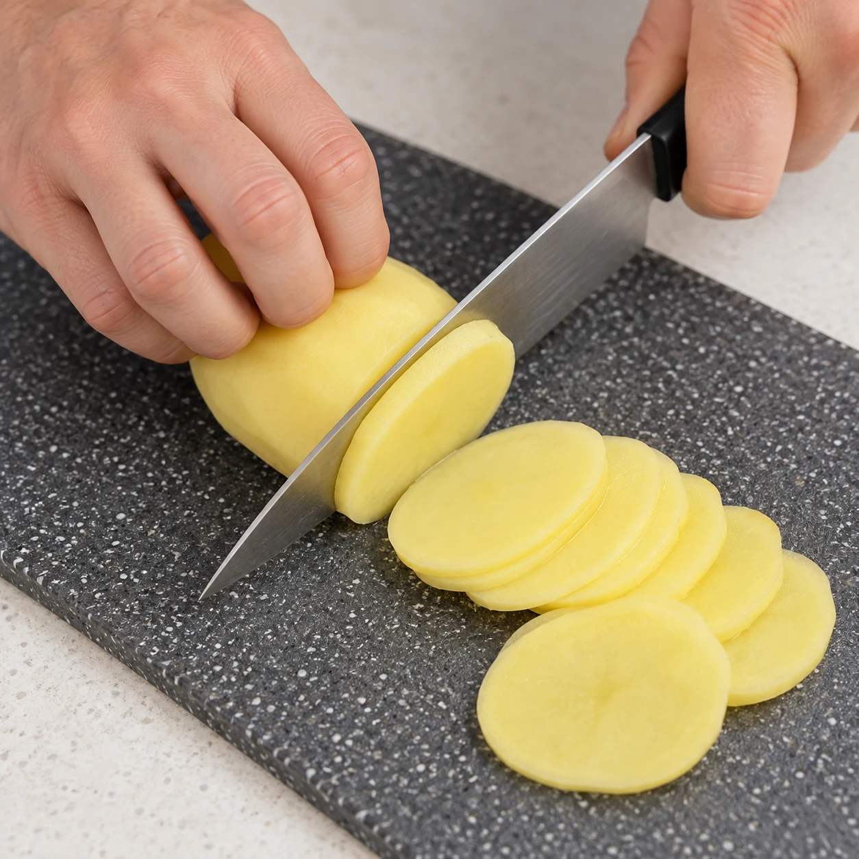 Couper la pomme de terre : Les rondelles de pomme de terre sont fines et régulières.