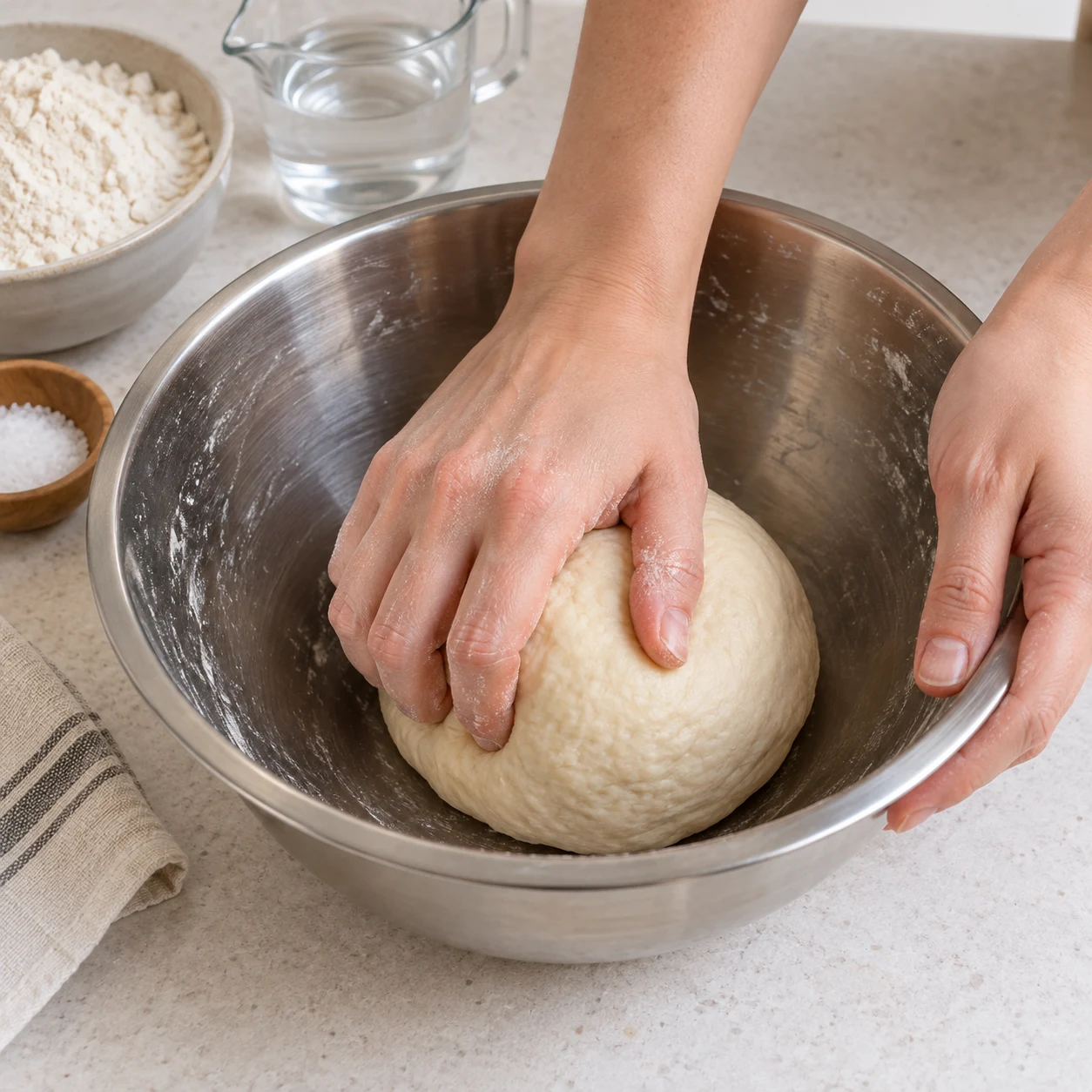 Ajoute les 100 ml d’eau et pétris à la main jusqu’à obtenir une boule de pâte lisse.