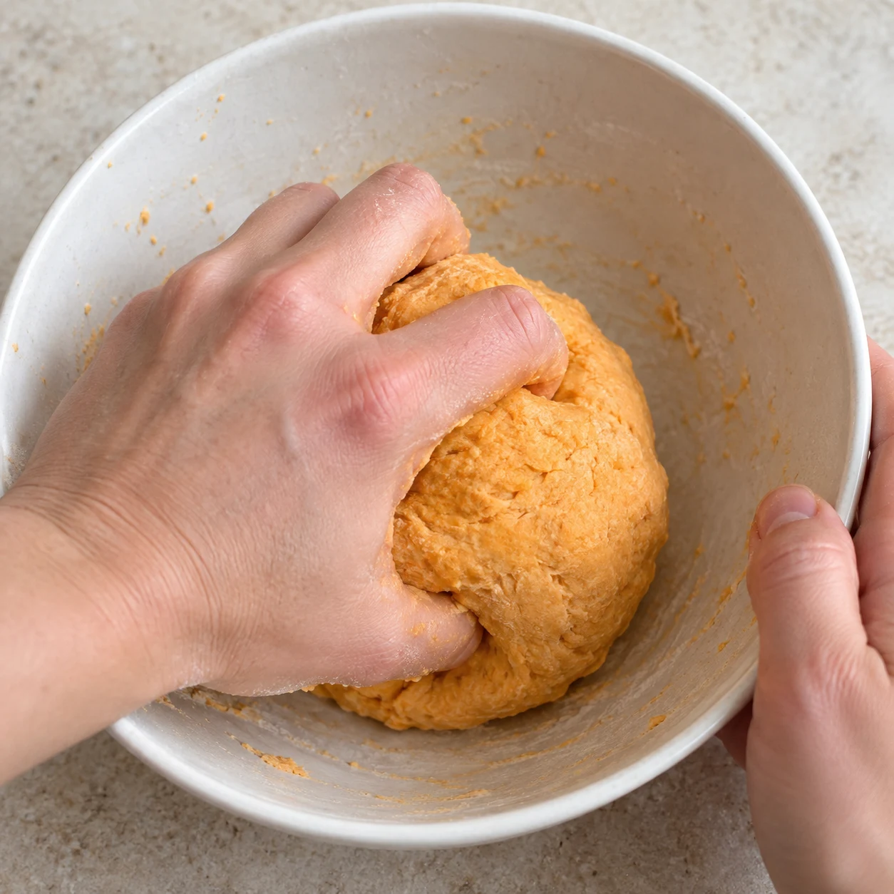 Mains anonymes pétrissant la pâte orange dans un bol.
