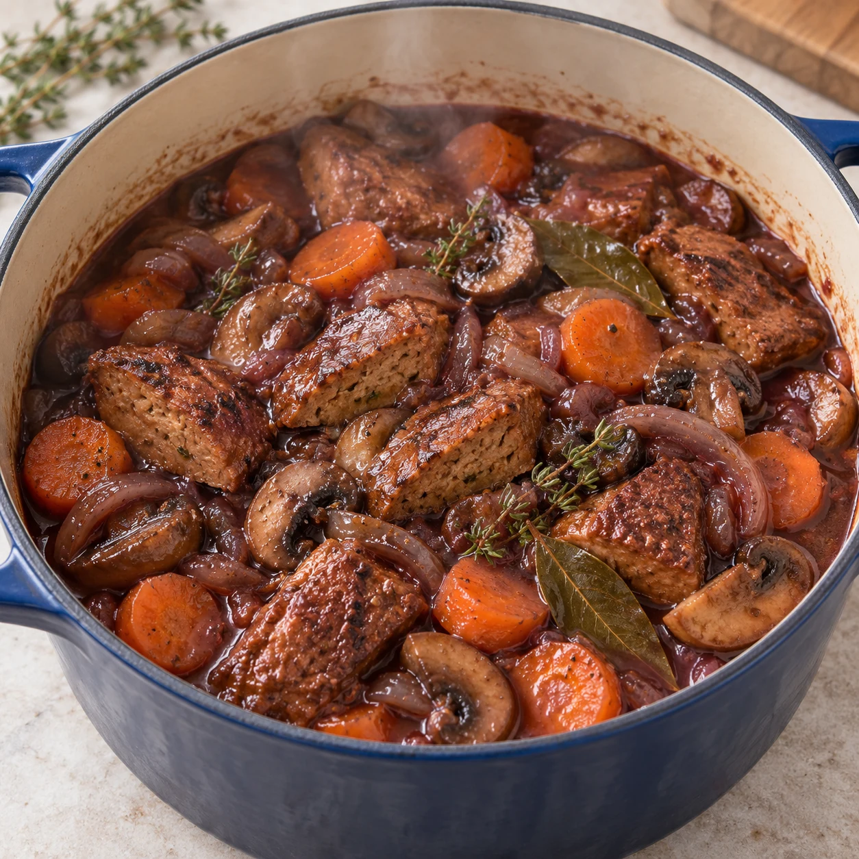 Bourguignon seul : morceaux de steaks végétaux de pois cuits, carottes en rondelles, champignons, lamelles d’oignon, sauce brune au vin rouge, sans purée.
