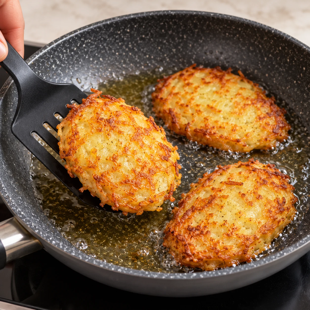 Galettes de pommes de terre dorées en cuisson dans une poêle avec huile, spatule soulevant une galette.