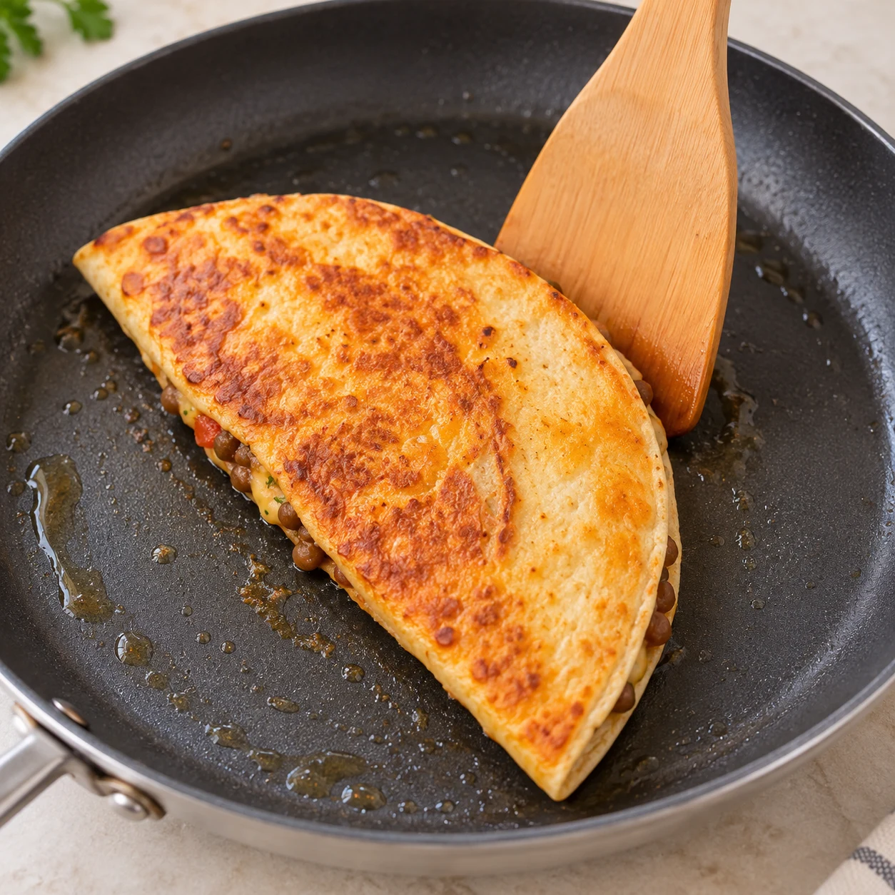 Photographie pédagogique carrée : Fais dorer les tacos des deux côtés dans la poêle légèrement graissée avec un peu d’huile d’olive. Retourne-les avec une spatule quand la première face est dorée ; sers-les chauds dès qu’ils sont croustillants. Résultat : Les deux faces sont dorées et croustillantes, sans zones brûlées. Mains adultes anonymes seulement si nécessaires ; lentilles cuites petites et brunes à la place des haricots rouges de la capture, option source documentée ; fromage végétal au lieu de laitier lorsque présent. Aucun texte.