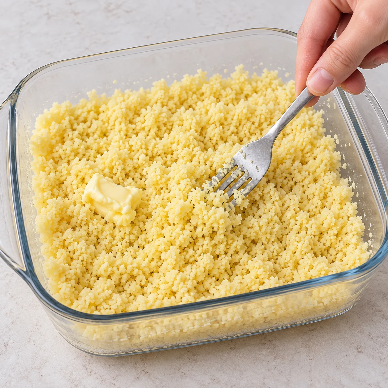 Fourchette séparant les grains de couscous gonflé dans un plat en verre, petite noix de margarine végétale.